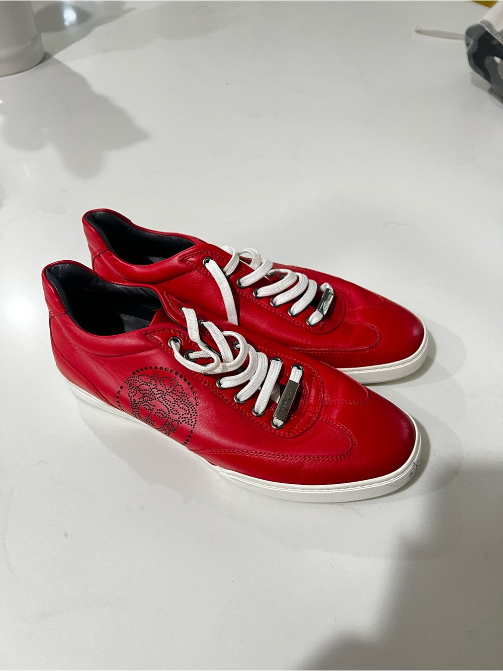 Versace Red Leather Low-Top Sneakers with White Laces